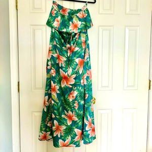 Tropical Strapless Maxi Dress tie waist Size M